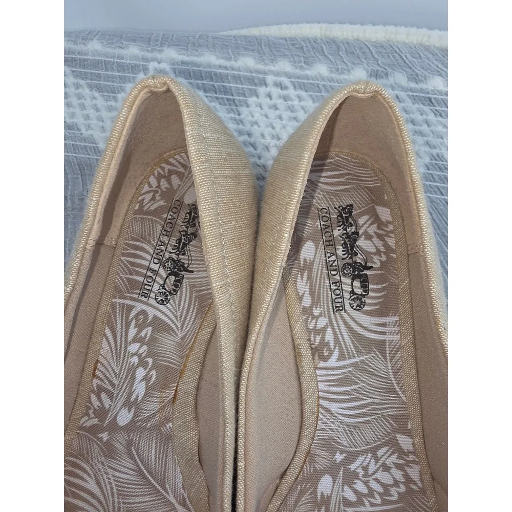 Coach and Four Tan Fabric Espadrille Peep Toe Low Wedge Sandals 7.5